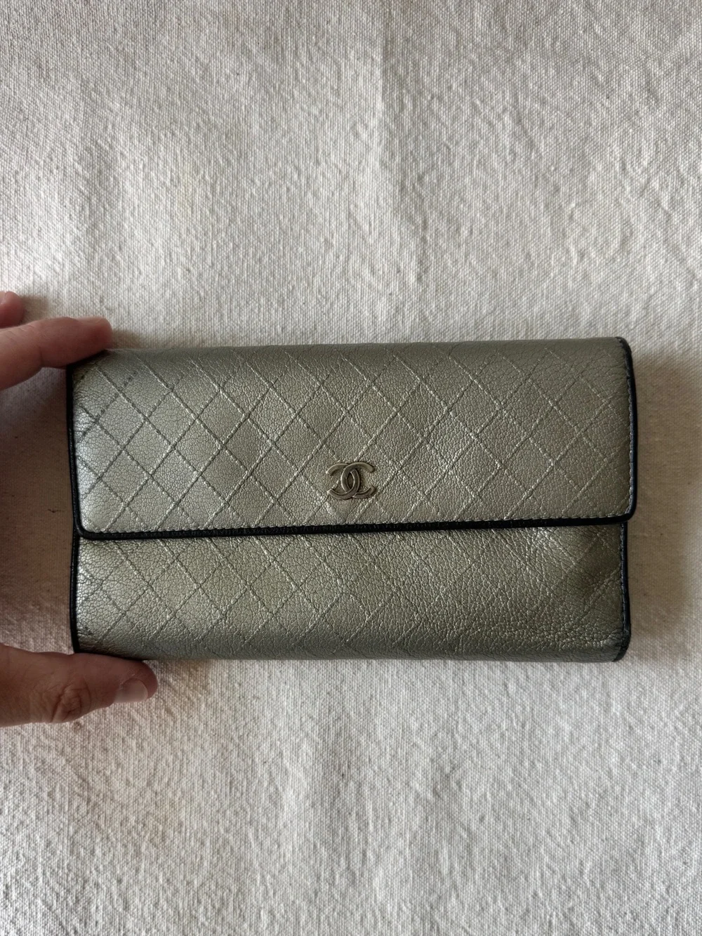 CHANEL Quilted Metallic Silver Leather Wallet with CC Logo